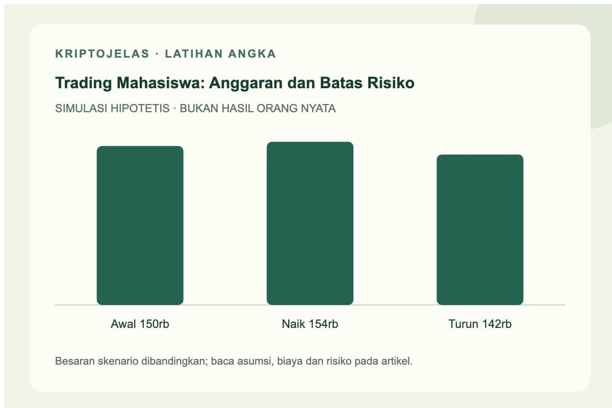 Diagram simulasi trading crypto mahasiswa: Awal 150rb, Naik 154rb, Turun 142rb. Angka latihan, bukan hasil trader nyata.