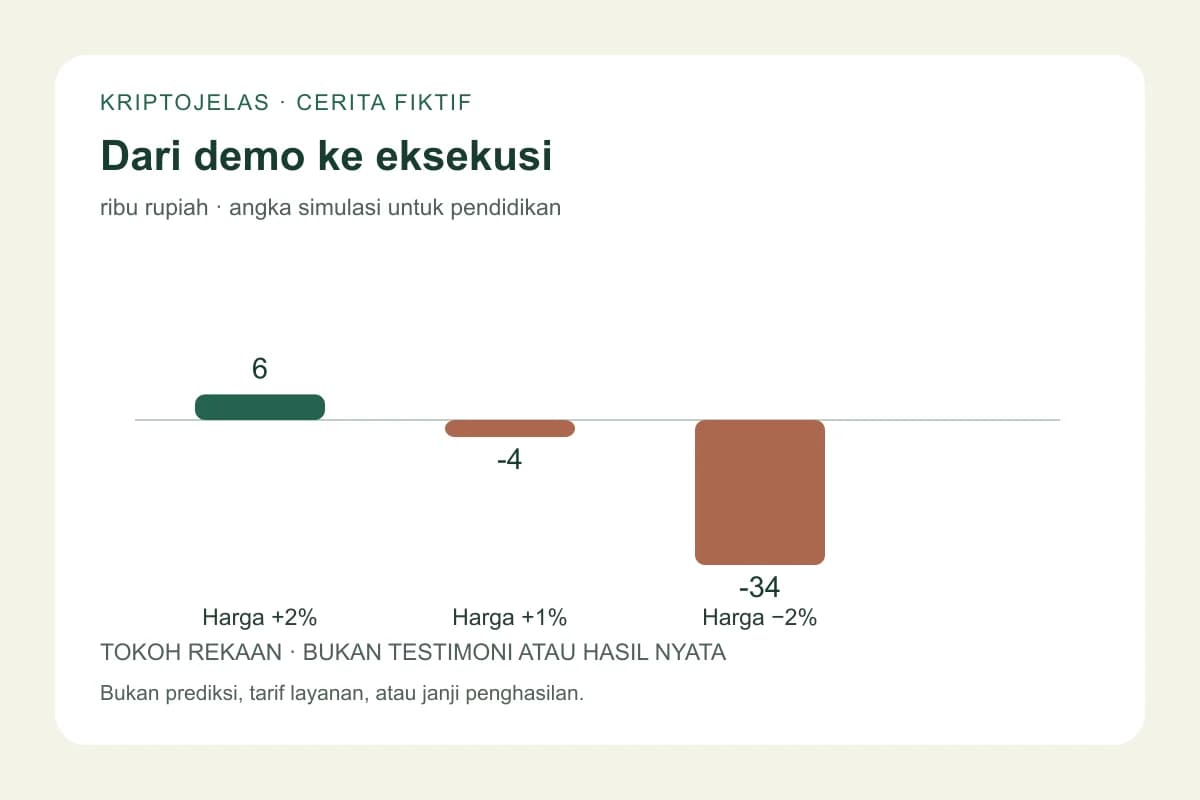Diagram simulasi Bima: hasil posisi Rp 1 juta setelah friksi menjadi plus Rp 6 ribu, minus Rp 4 ribu atau minus Rp 34 ribu.