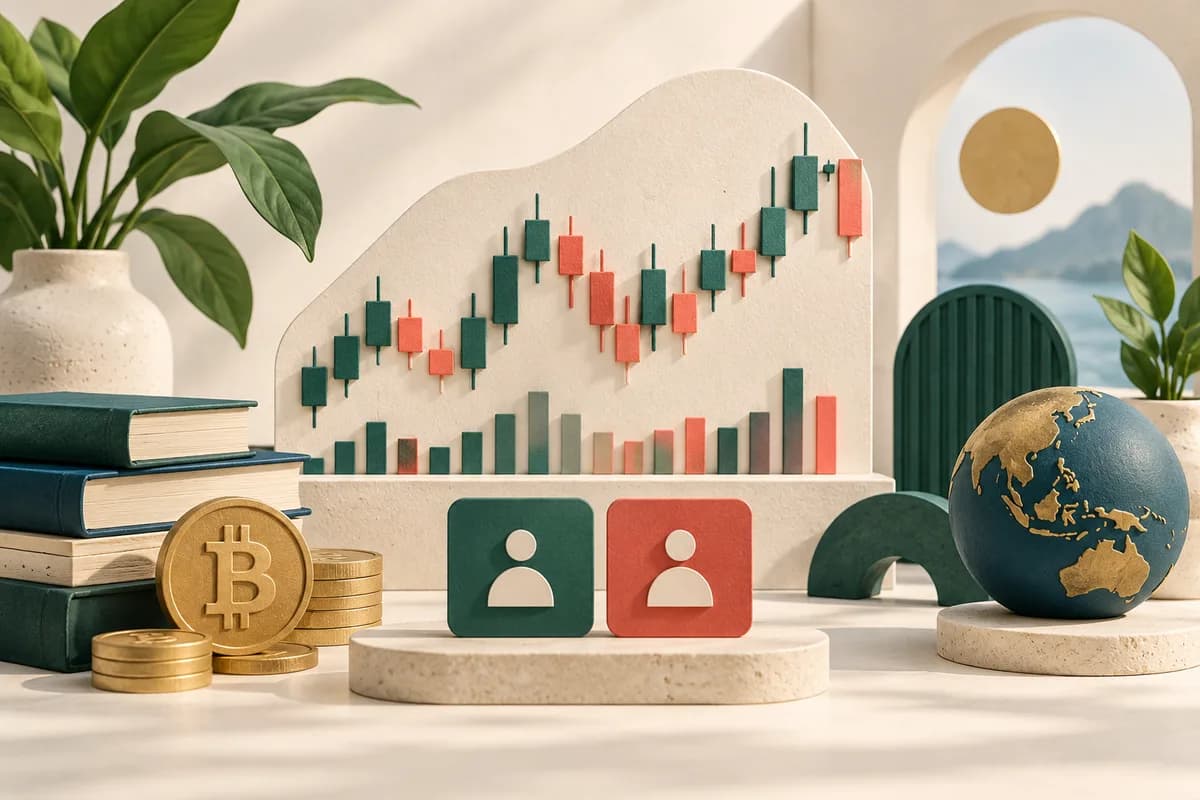 Batang volume terpisah di bawah candle harga dengan sepasang kartu pembeli dan penjual.